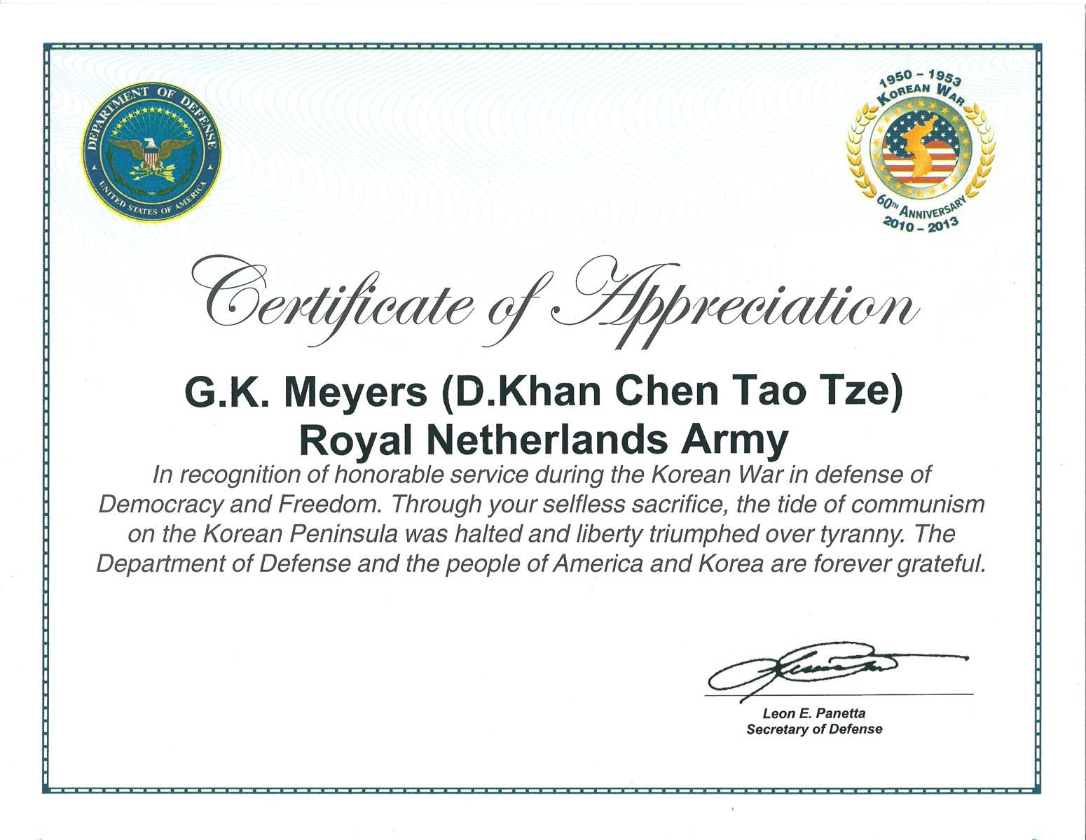 certificate korea war